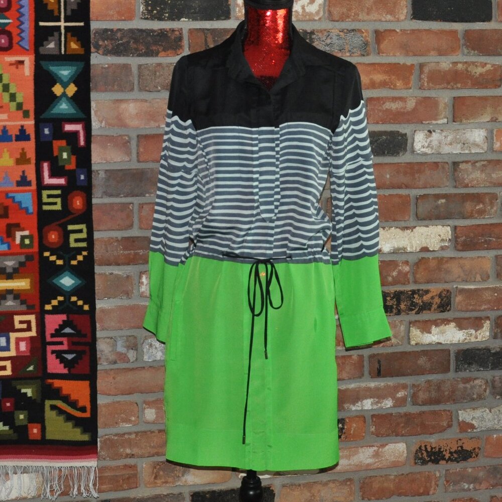 NEW Diane Von Furstenberg Taya Silk Long Sleeve Green & Black Striped Dress 4